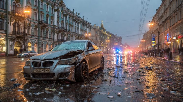 Повреждённый автомобиль на улице Санкт-Петербурга после ДТП